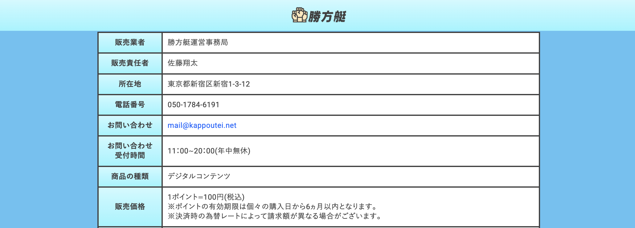 勝方艇の特定商取引法に基づく表記の画像